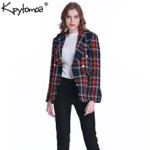 Load image into Gallery viewer, Vintage Double Breasted Frayed Checked Tweed Blazers Coat Women 2019 Fashion Pockets Plaid Ladies Outerwear Casual Casaco Femme