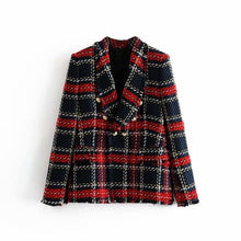 Load image into Gallery viewer, Vintage Double Breasted Frayed Checked Tweed Blazers Coat Women 2019 Fashion Pockets Plaid Ladies Outerwear Casual Casaco Femme