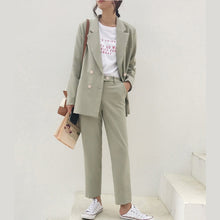 Load image into Gallery viewer, BGTEEVER Vintage Light Green Women Suits Double Breasted Female Pant Suits Blazer Jacket &amp; Pencil Pant Casual 2 Pieces set femme